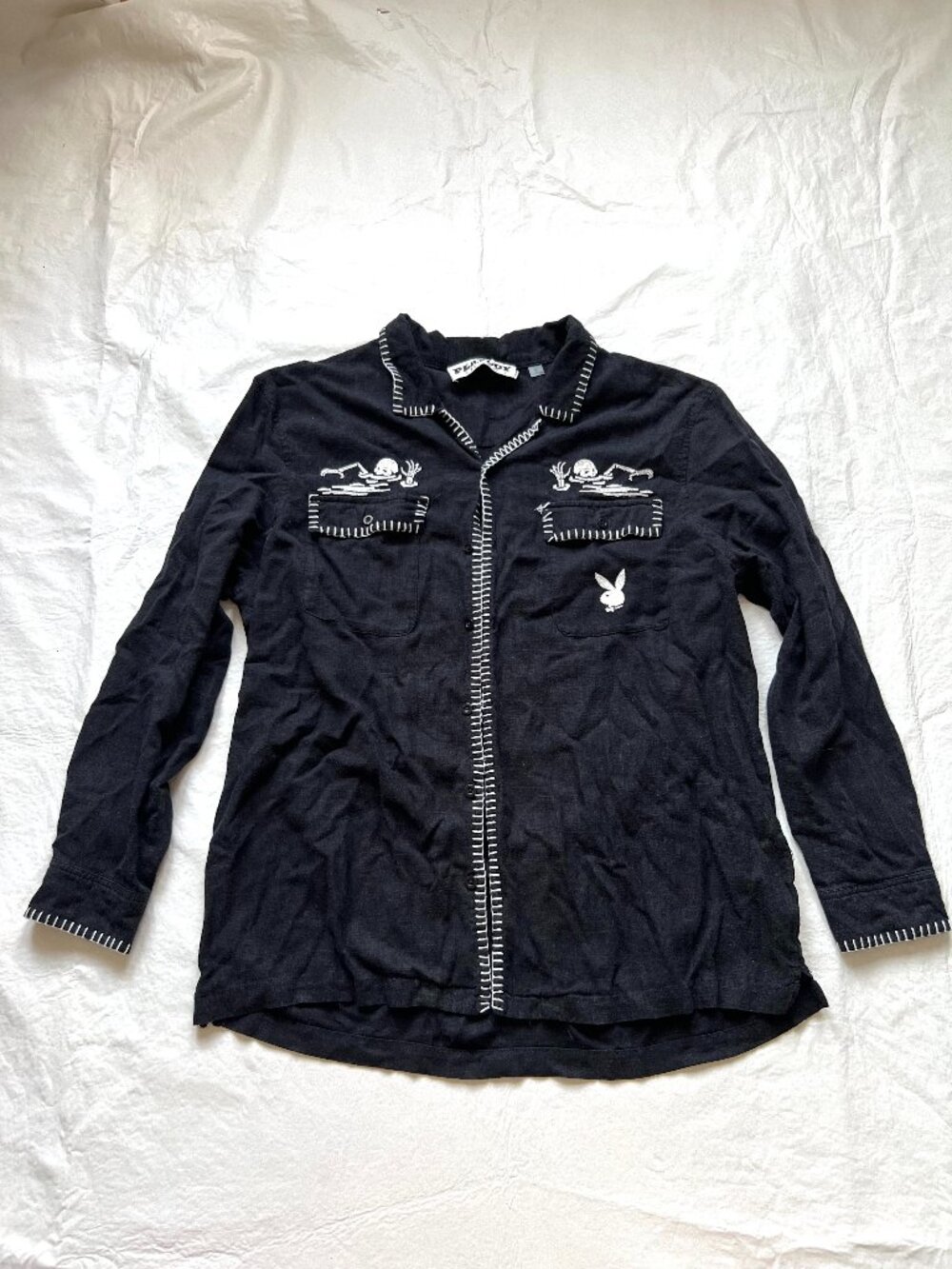 Playboy PacSun shirt mens Large black linen white embroidered long sleeve skull